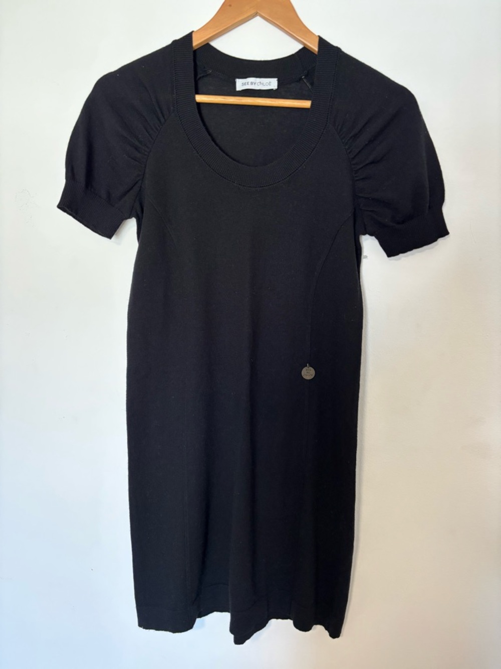 See By Chloe Black Ribbed Short Sleeve Knee High Dress